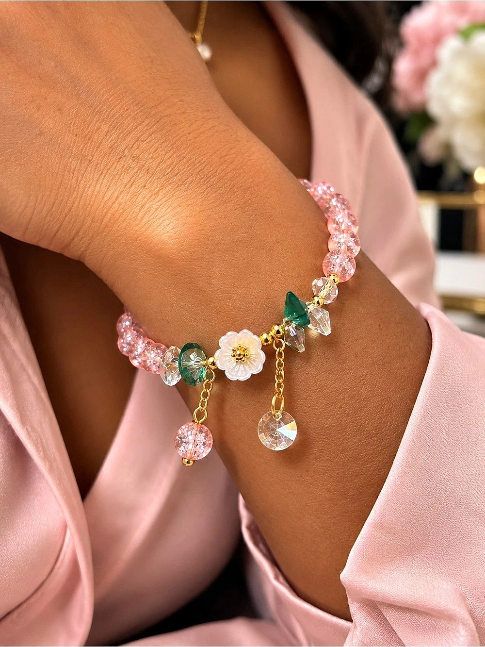 Beaded Charm Bracelet in Pink & Green Like New